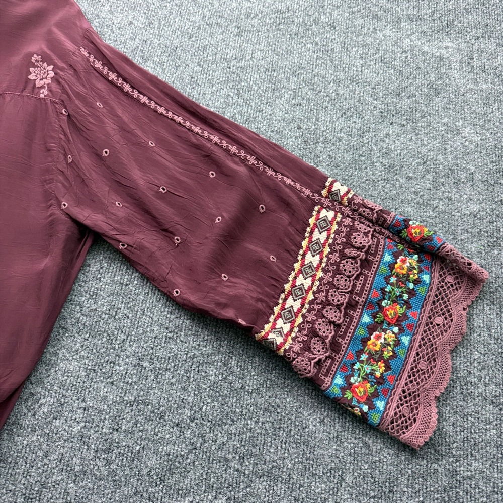 Johnny Was Tunic Top Sz XXL Burgundy Floral Embroidered Lace Boho Indie Peasant - Picture 13 of 16